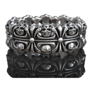 Sterling silver skull Maltese cross ring with ornate baroque scroll frame