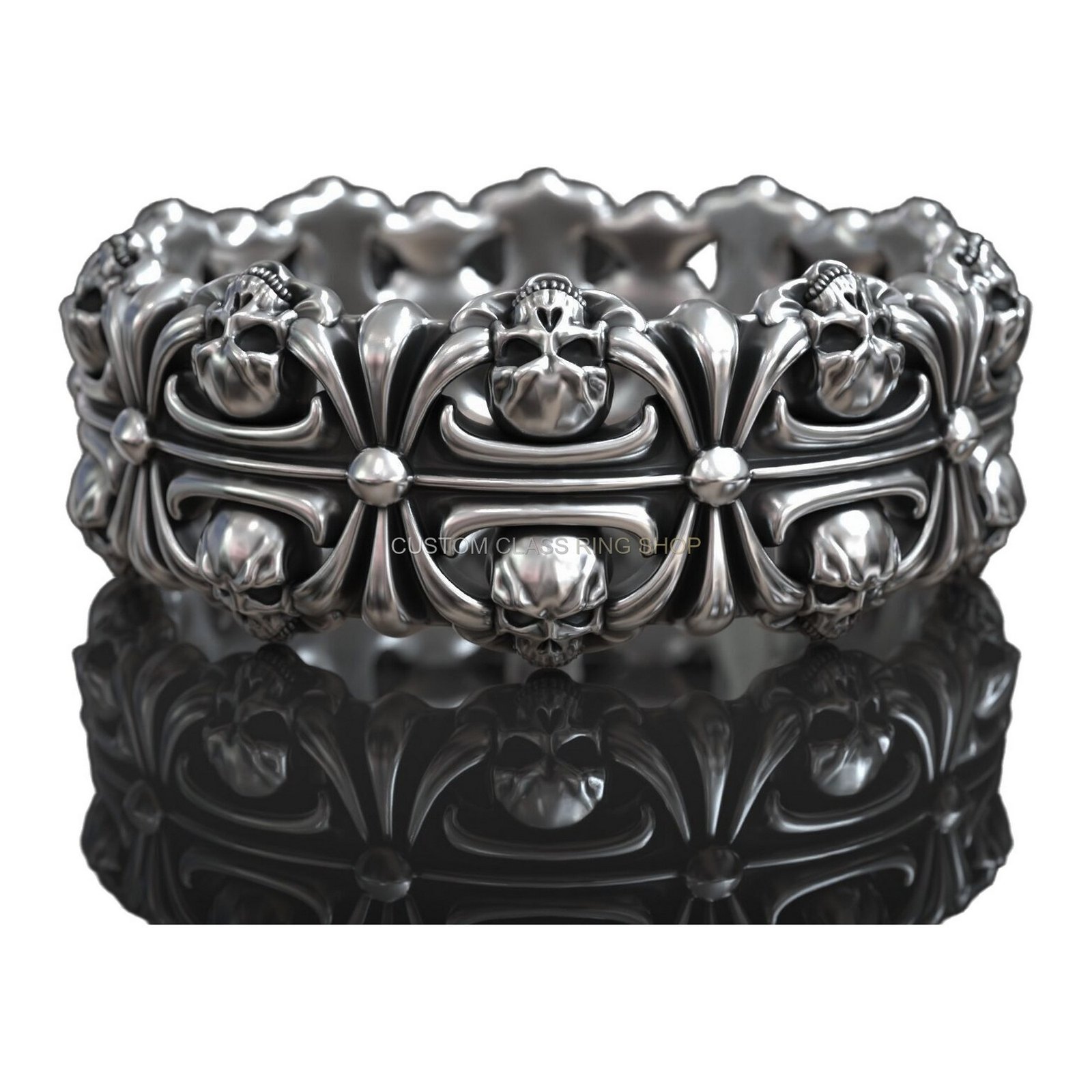 Sterling silver skull Maltese cross ring with ornate baroque scroll frame