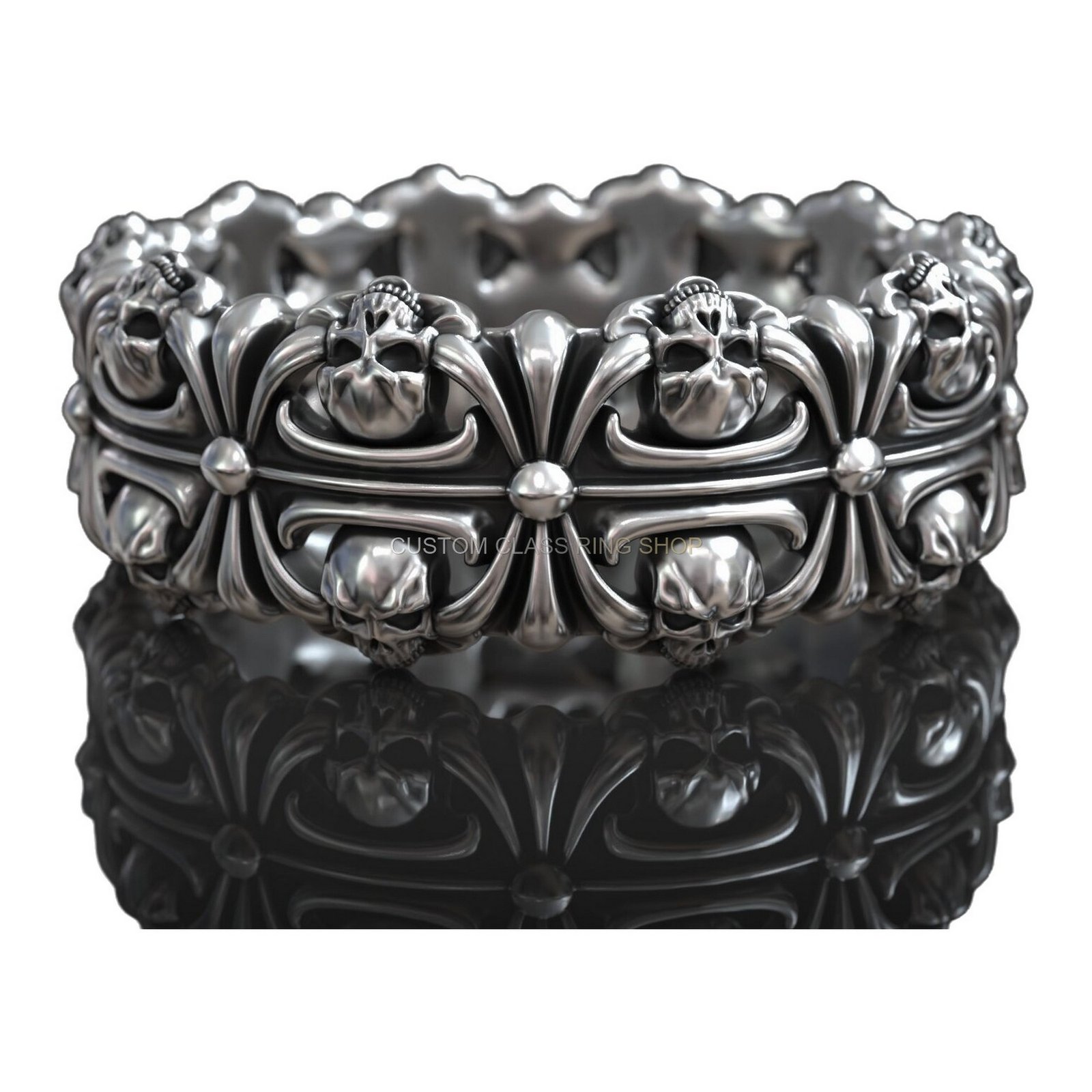 Sterling silver skull Maltese cross ring, front view with detailed frame