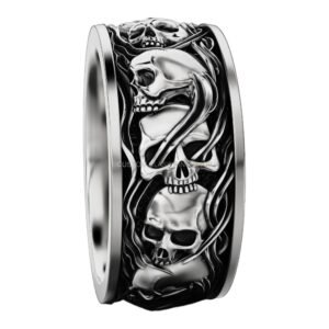 Mens oxidized sterling silver stacked skull ring with flowing hair details