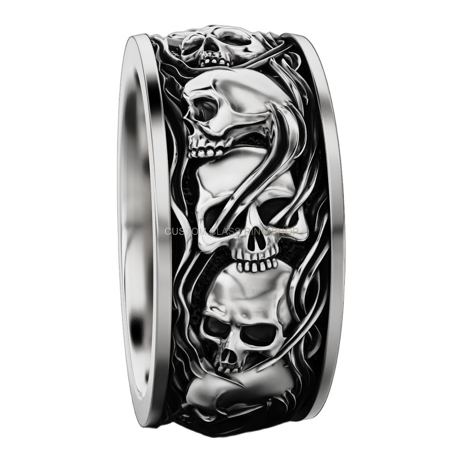 Mens oxidized sterling silver stacked skull ring with flowing hair details