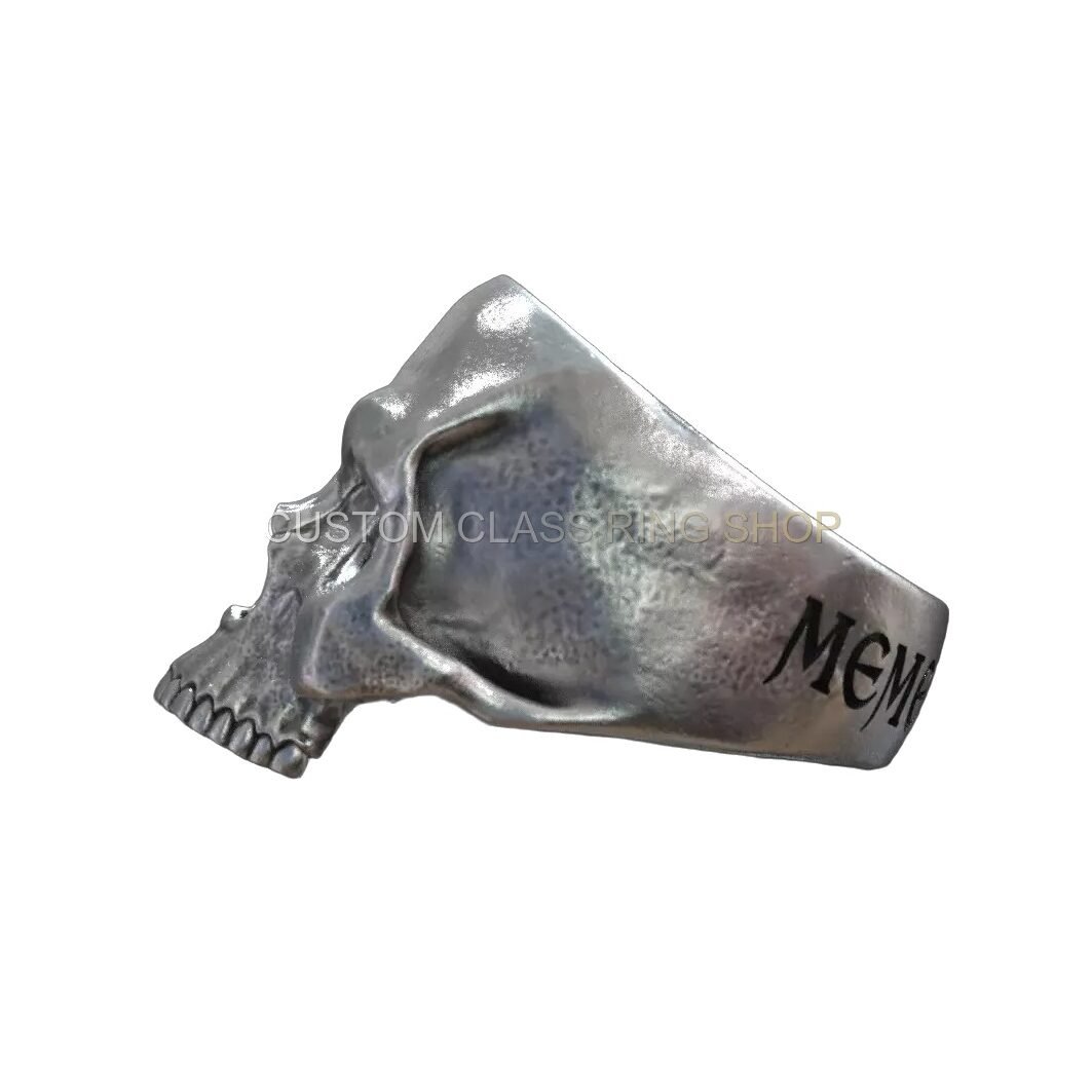 Sterling silver skull engraved ring, left side profile of skull head detail