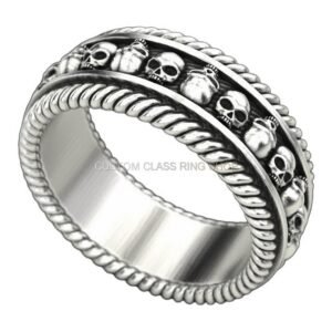 mens oxidized sterling silver skull band ring with rope borders