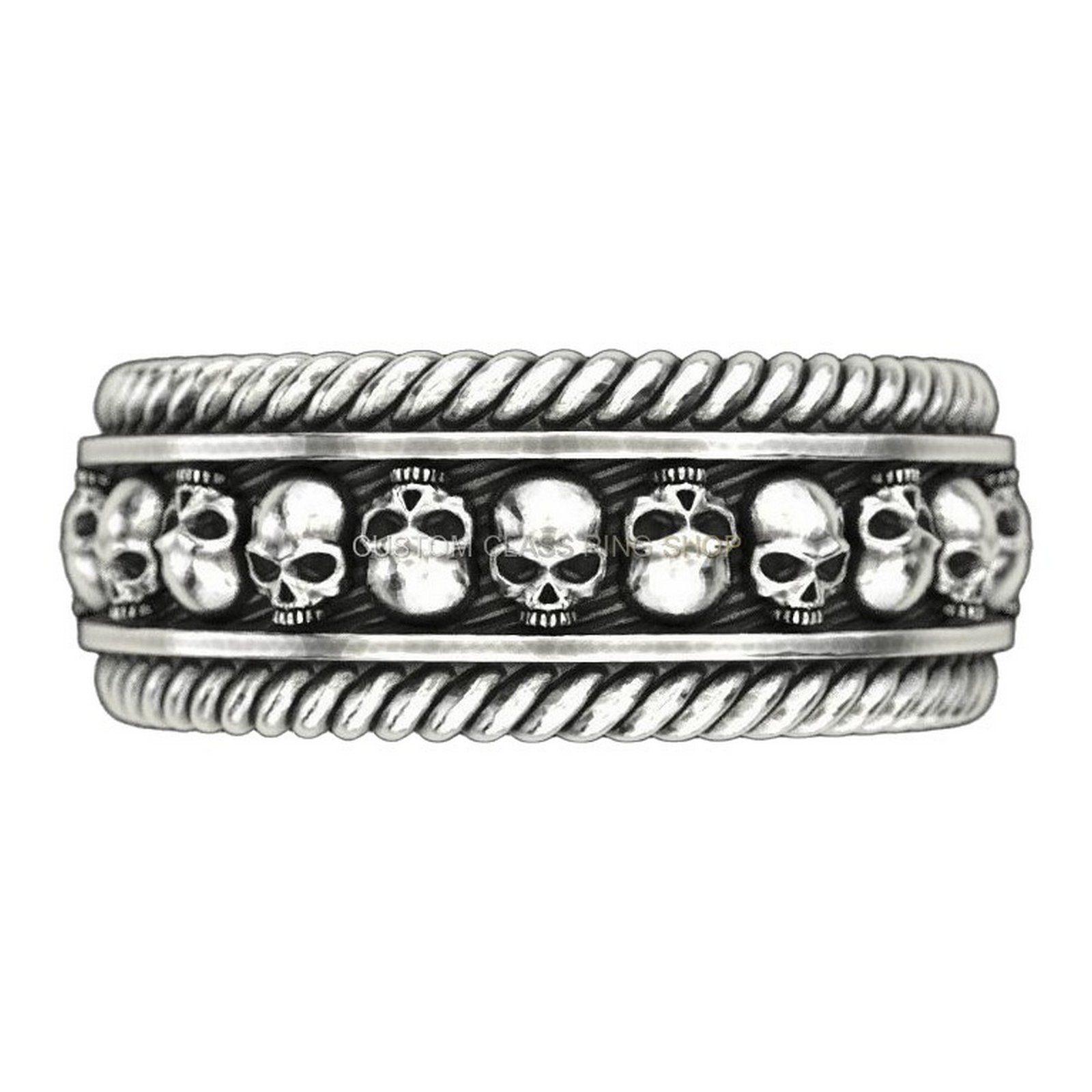 Mens oxidized sterling silver skull band ring, side profile detail view
