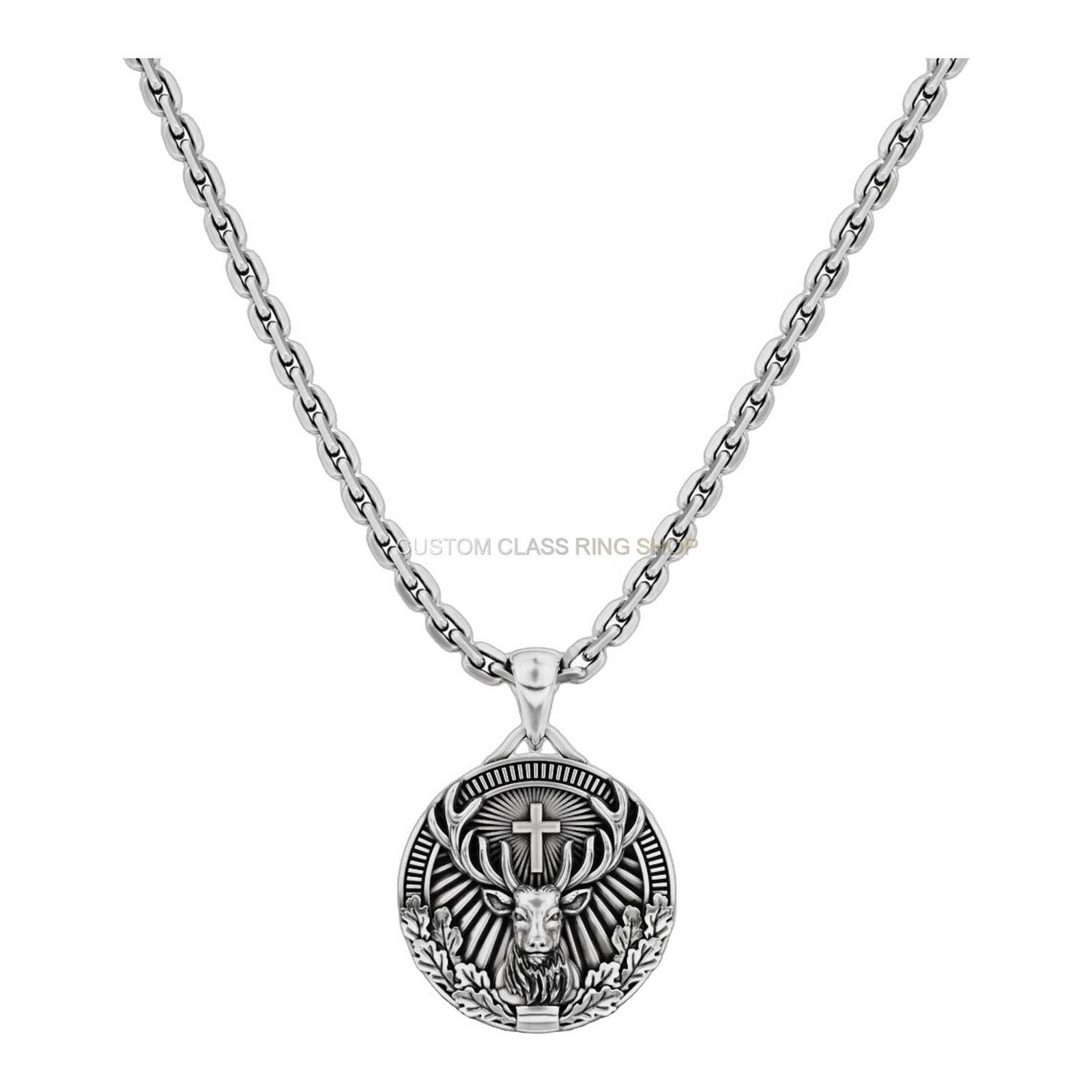 mens sterling silver stag cross pendant with radiant sunburst frame