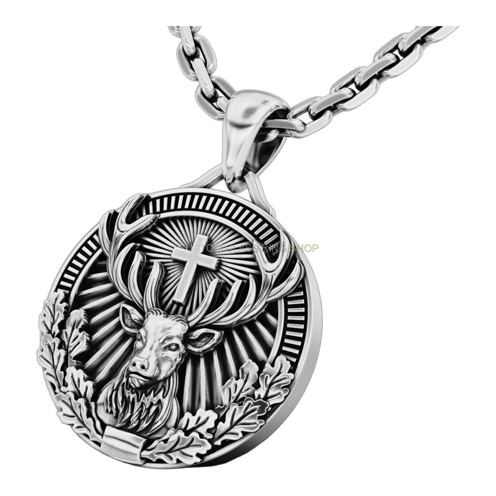 mens sterling silver stag cross pendant with radiant sunburst frame