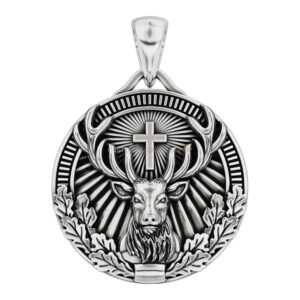 mens sterling silver stag cross pendant with radiant sunburst frame