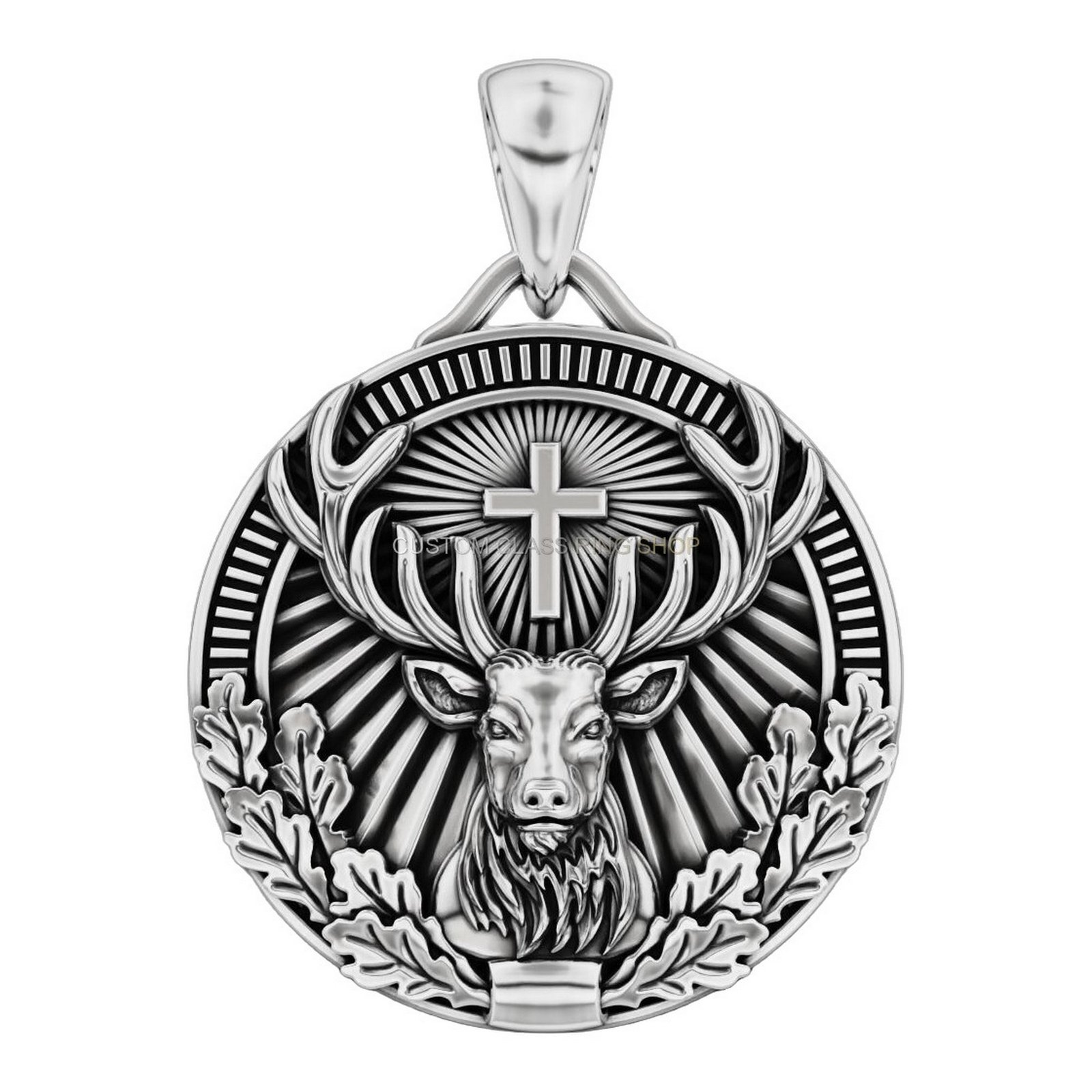 mens sterling silver stag cross pendant with radiant sunburst frame