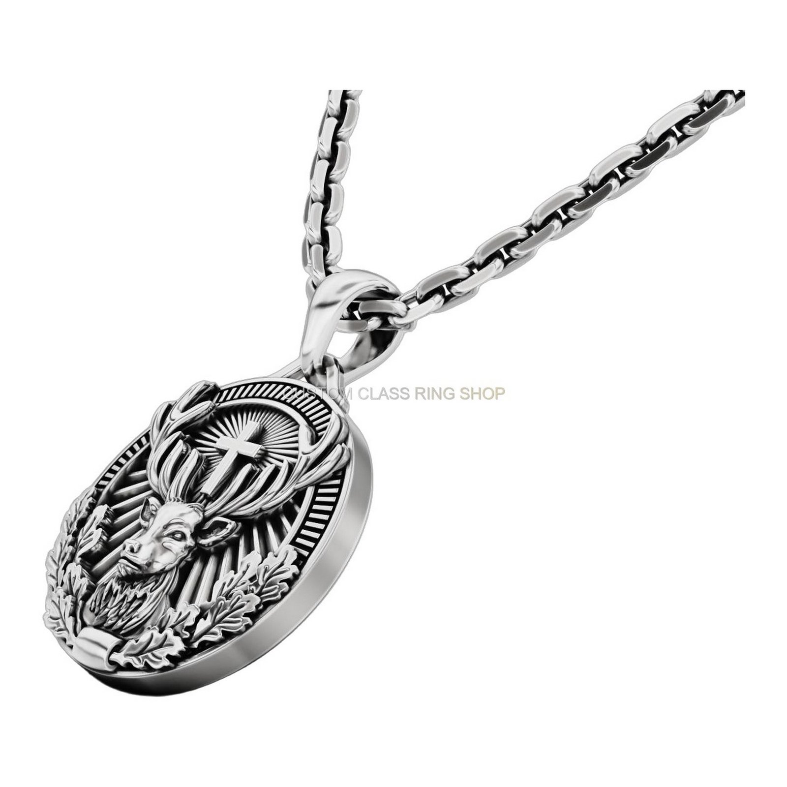 mens sterling silver stag cross pendant with radiant sunburst frame