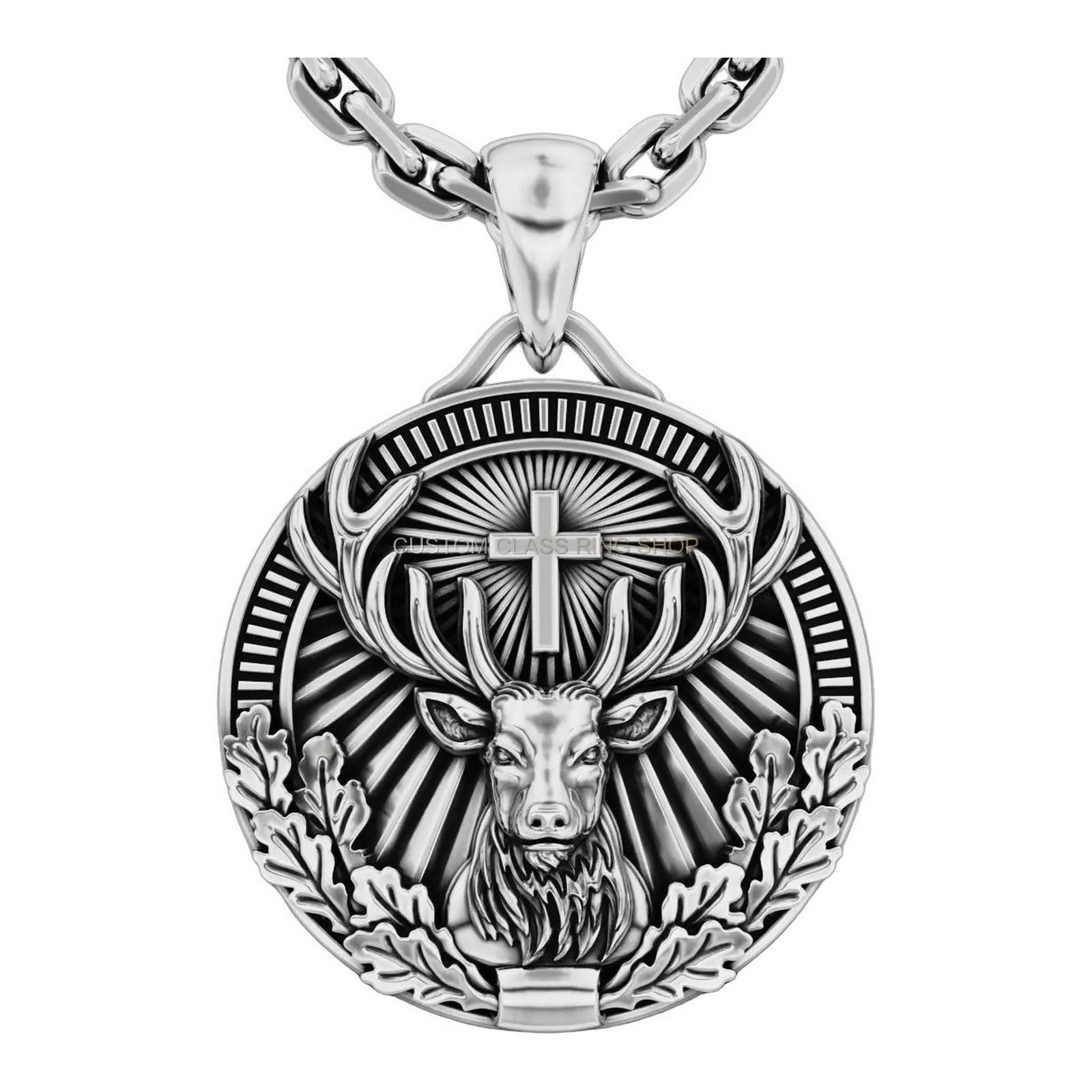 mens sterling silver stag cross pendant with radiant sunburst frame