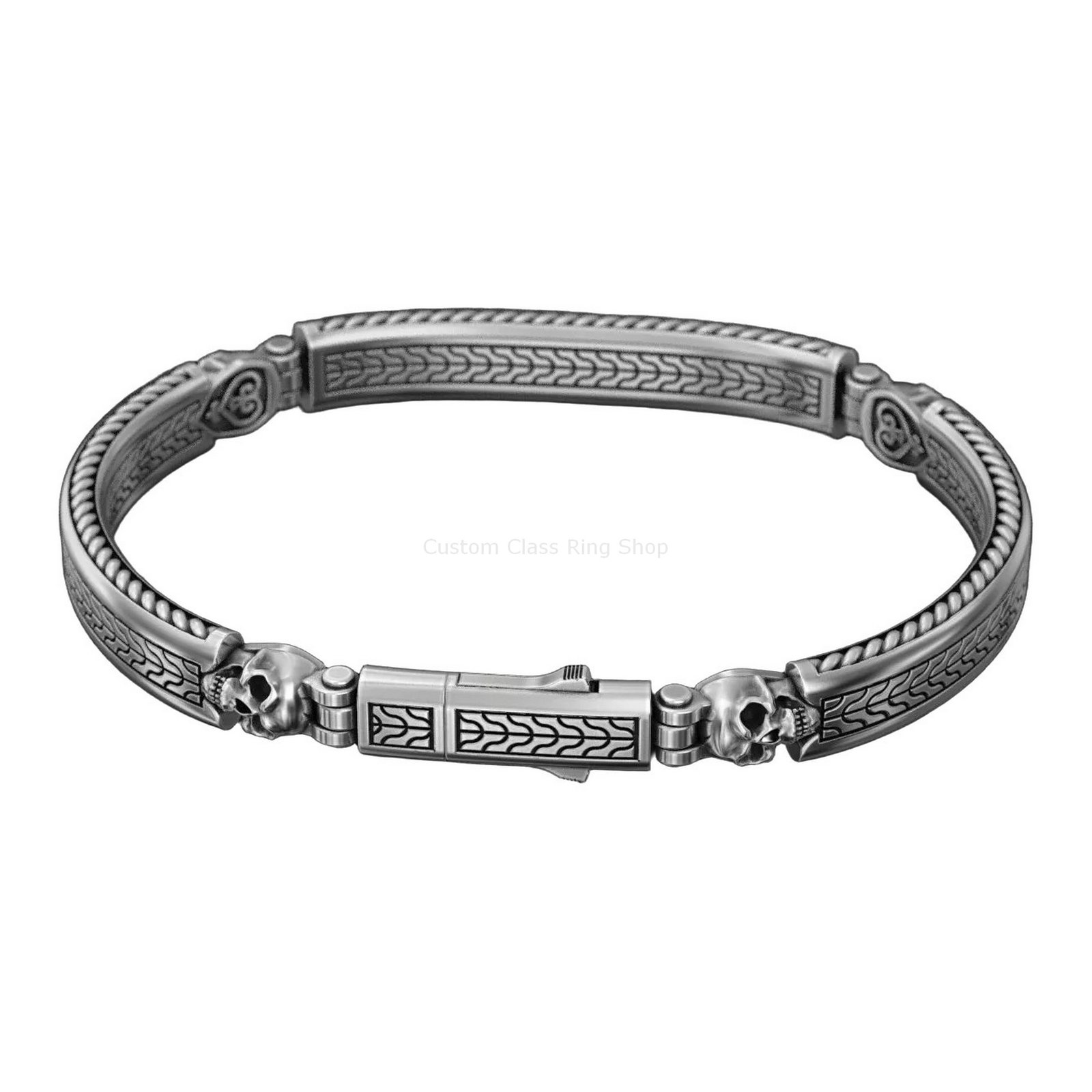 Sterling silver skull cuff bracelet, top-down closed angle