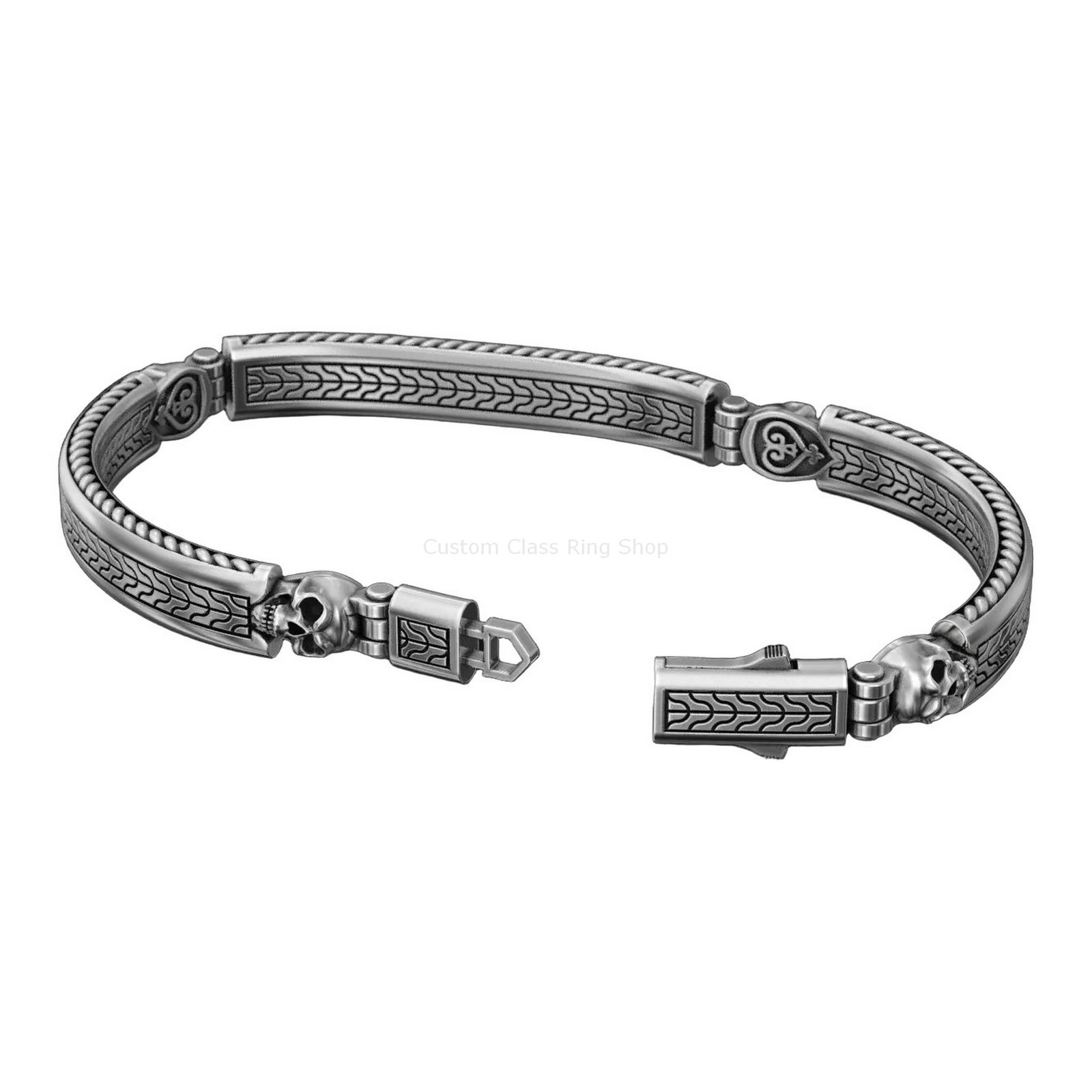 Sterling silver skull cuff bracelet, side profile open clasp