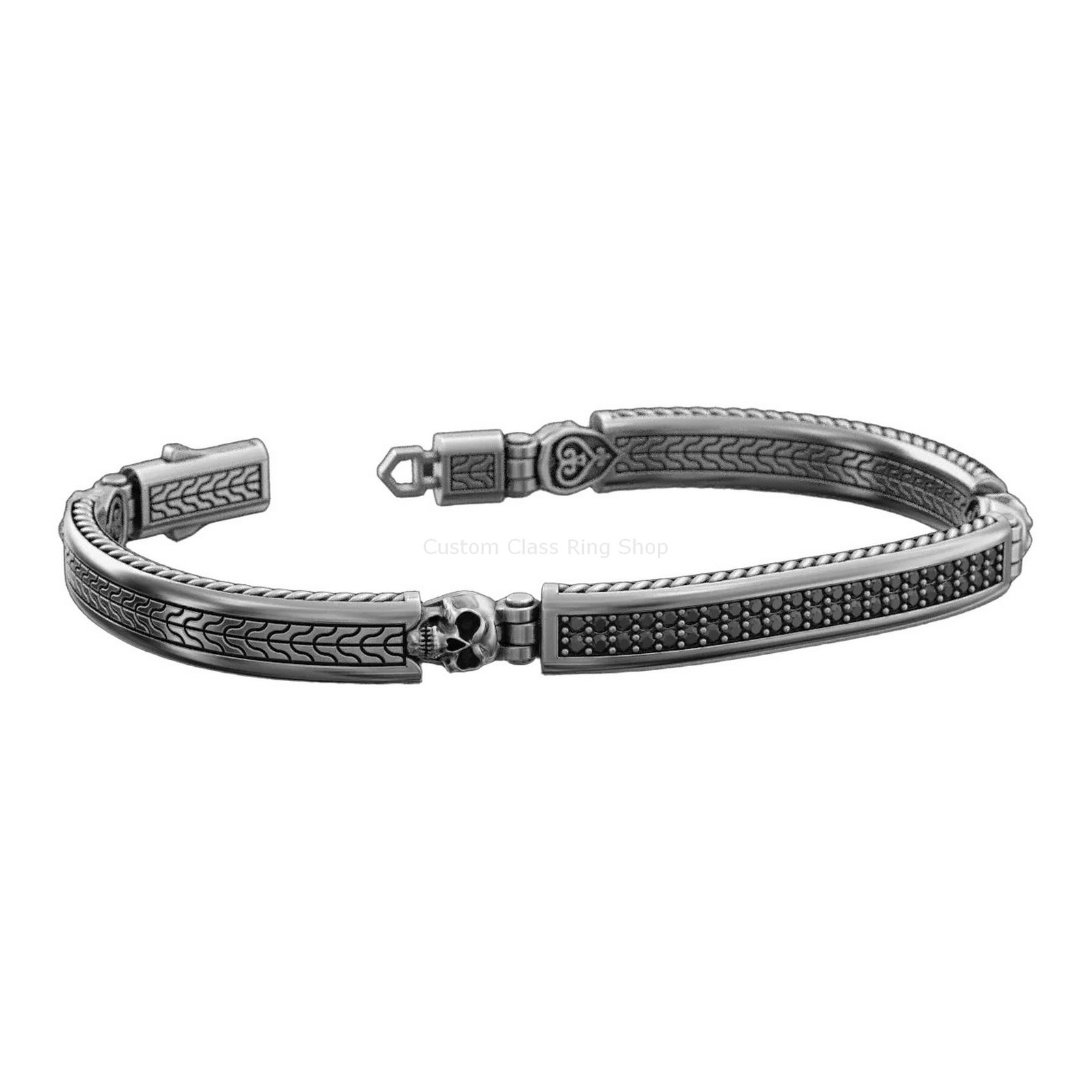 Sterling silver skull cuff bracelet, interior band and hinges detail