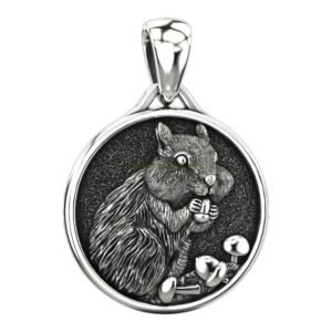 Oxidized sterling silver chipmunk statement pendant with mushroom accents