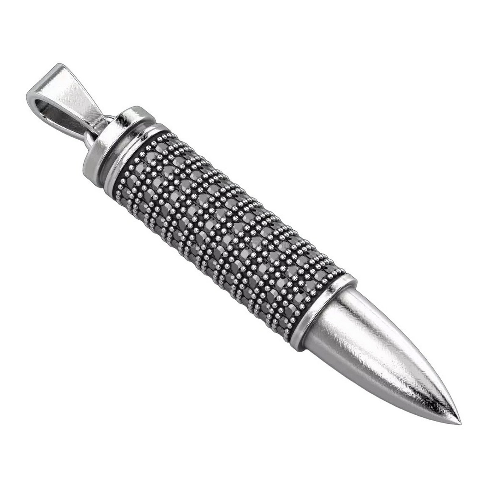 Sterling silver bullet stone pendant, angled three-quarter view with chain
