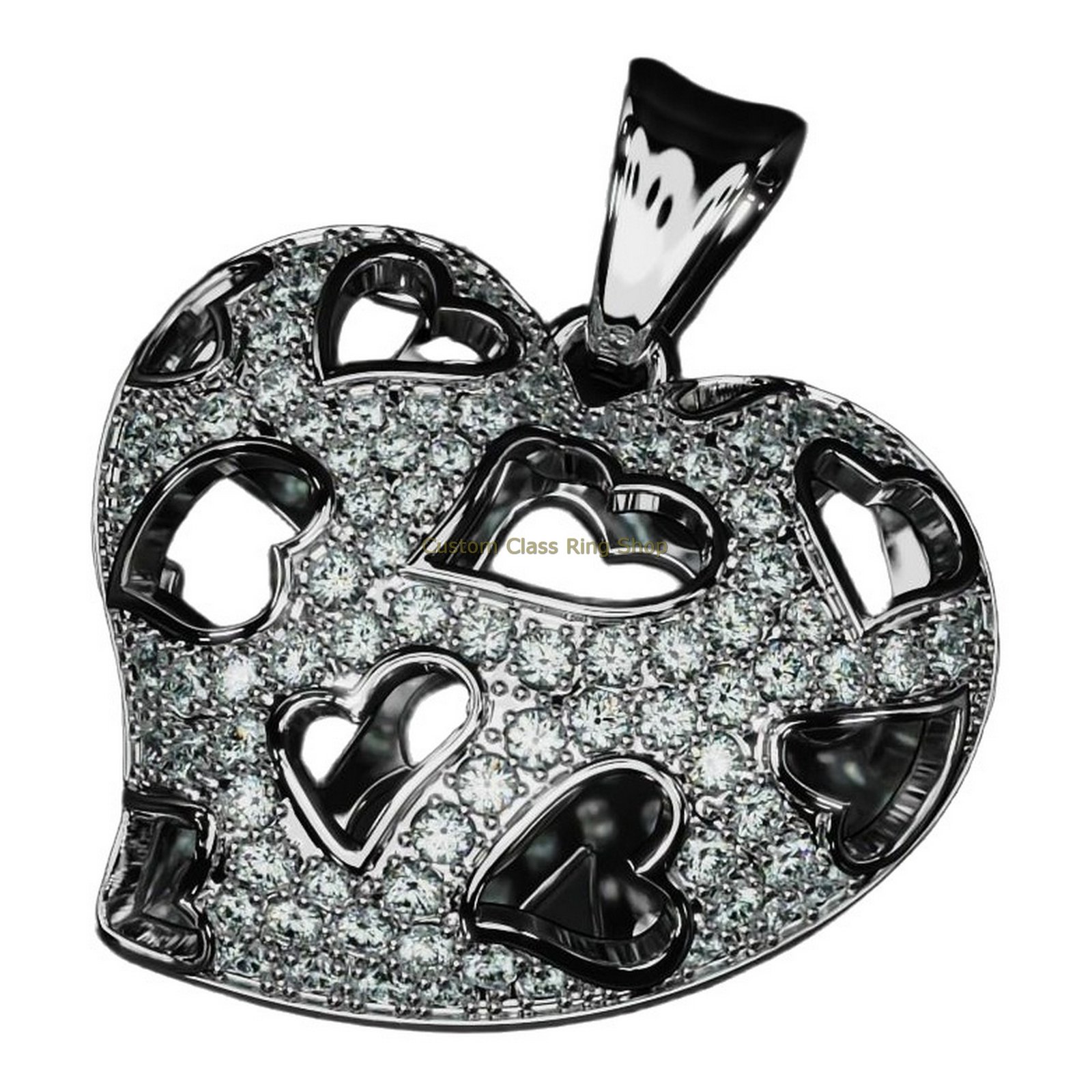 Sterling silver heart love pendant, close-up with diamond-like pave setting