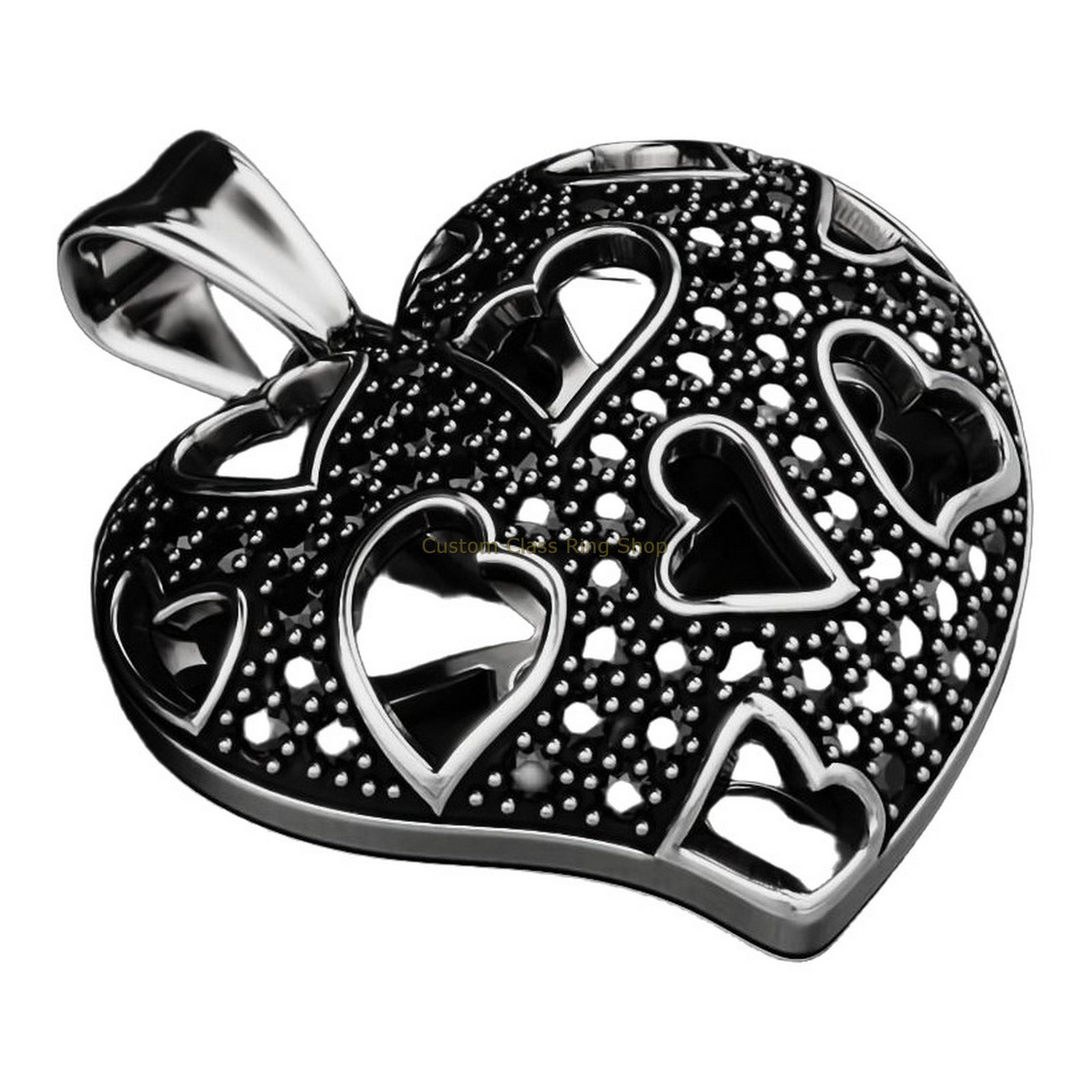 Sterling silver heart love pendant, angled three-quarter view with side profile