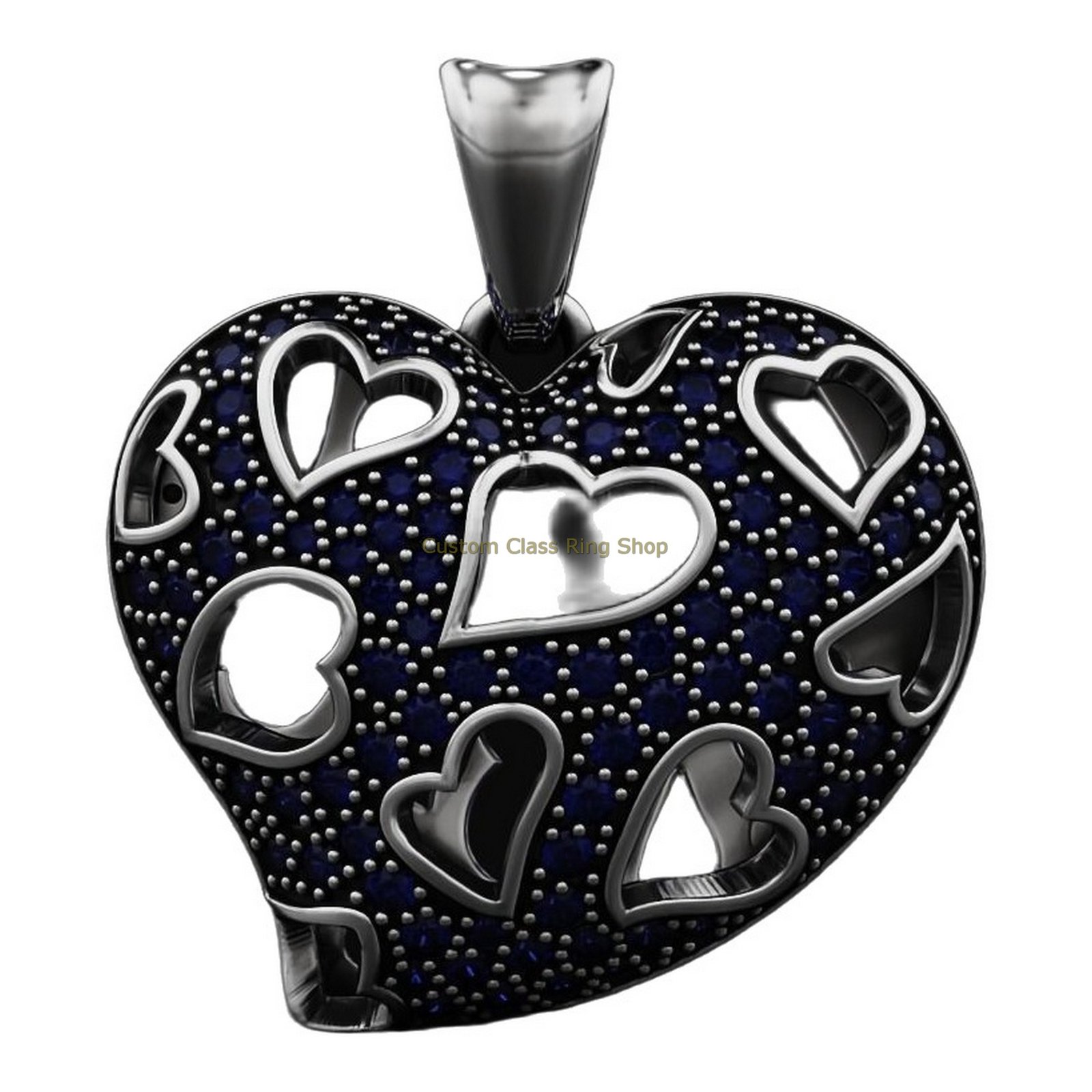 Sterling silver heart love pendant, dark background with blue gemstone detail