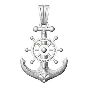 Sterling silver anchor ship wheel pendant with beaded frame and dotted texture