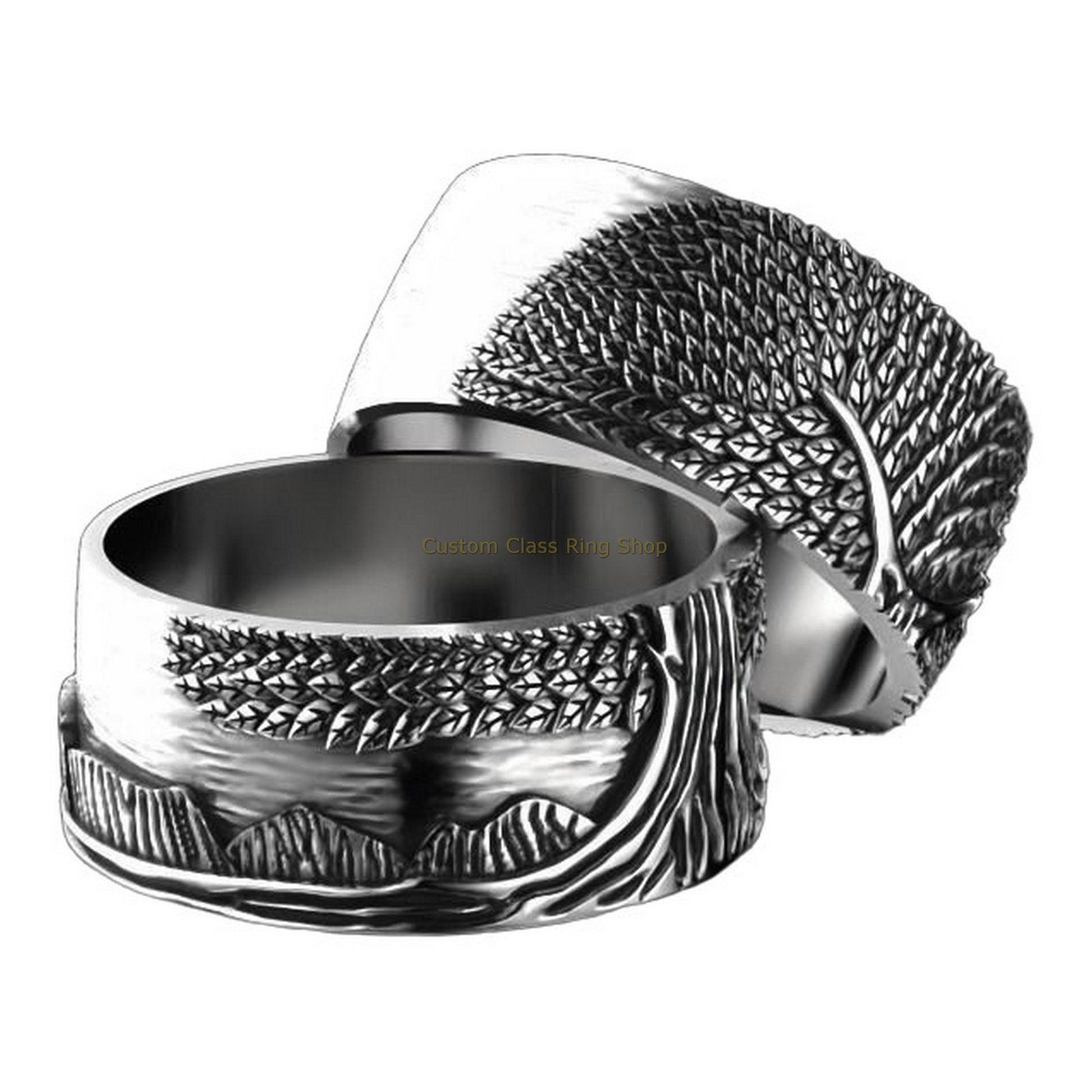 Sterling silver tree of life ring, angled three-quarter view pair