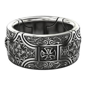 Sterling silver cross ornamental statement ring with scrolled filigree border