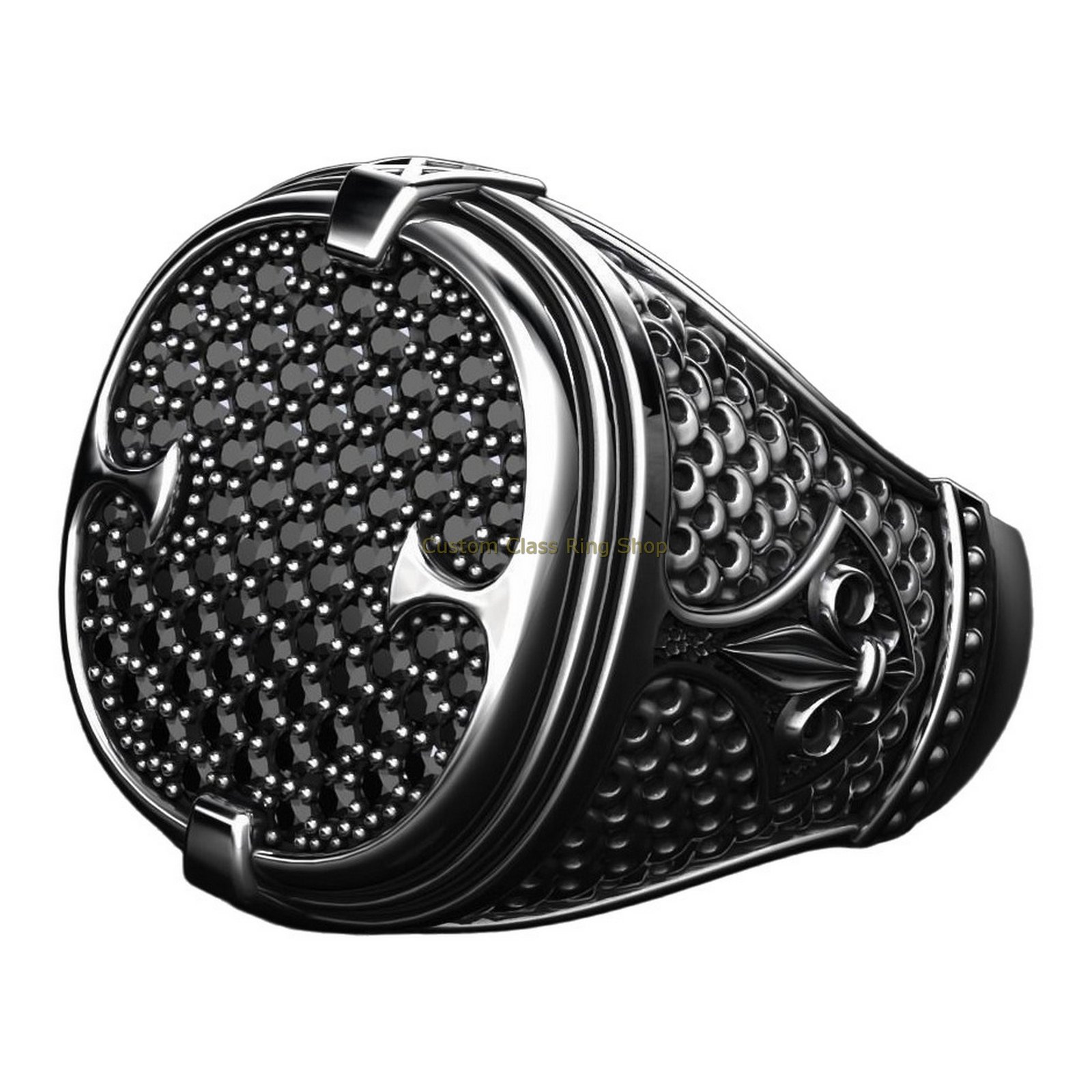 Sterling silver patterned statement ring, angled three-quarter view with side profile