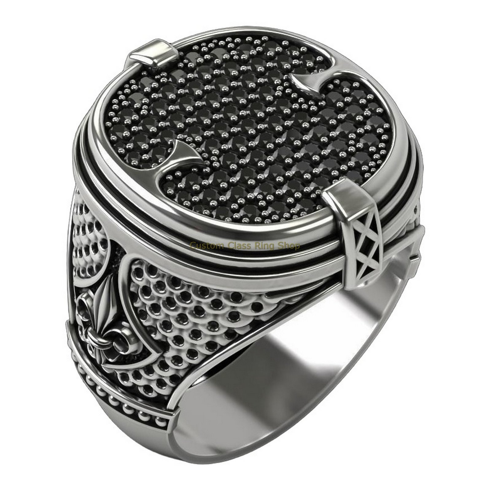 sterling silver patterned statement ring with diamond and onyx face