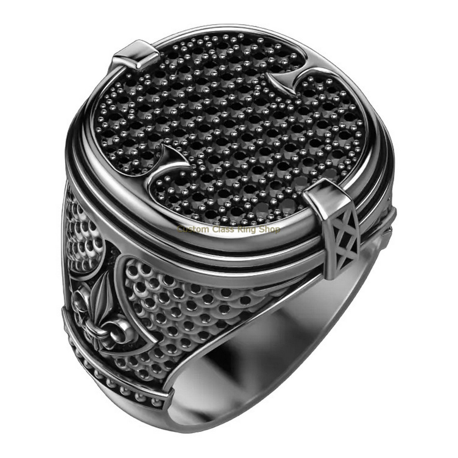 Sterling silver patterned statement ring, left side profile with shoulders