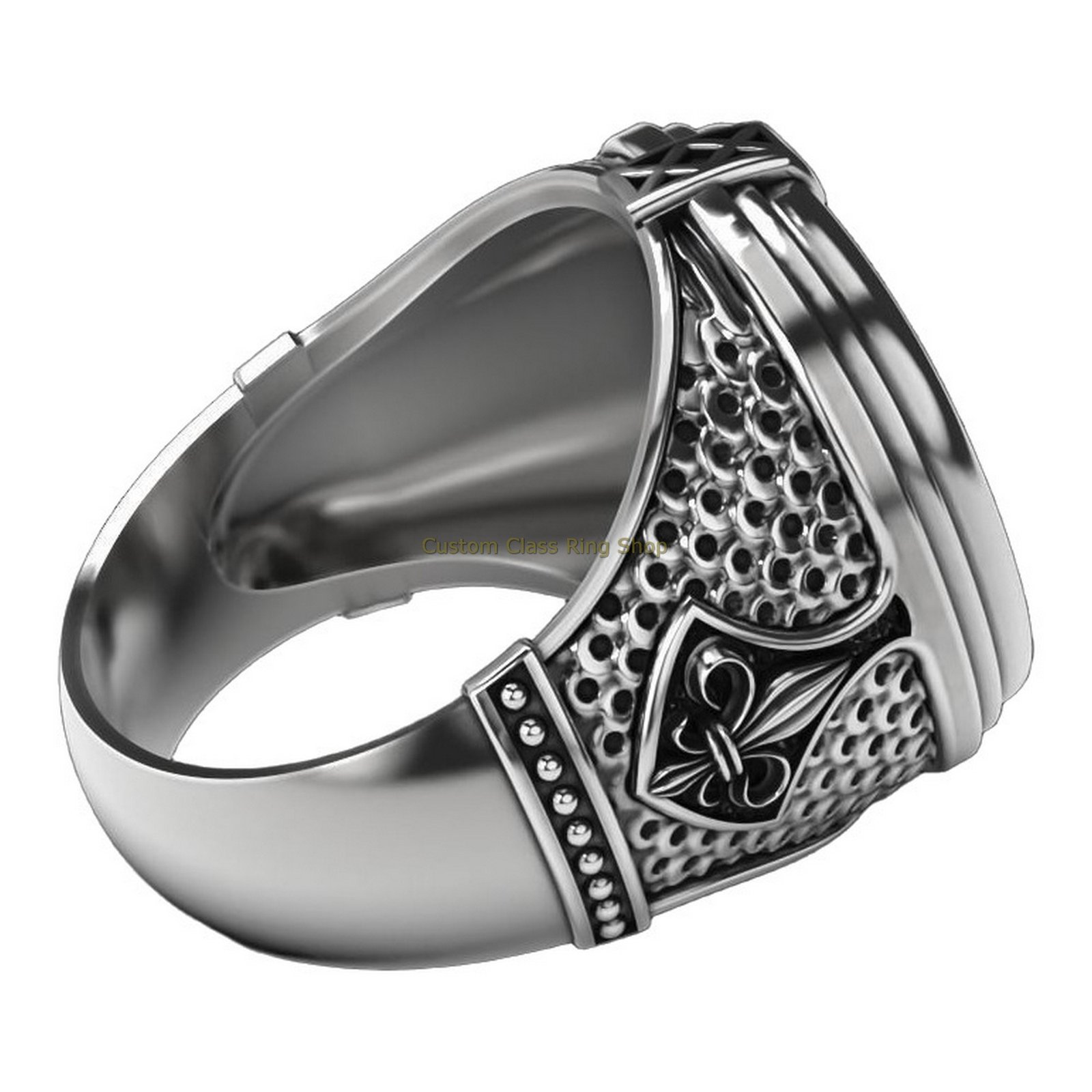 Sterling silver patterned statement ring, inner band side view