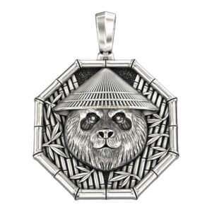 Sterling silver samurai panda pendant with geometric border