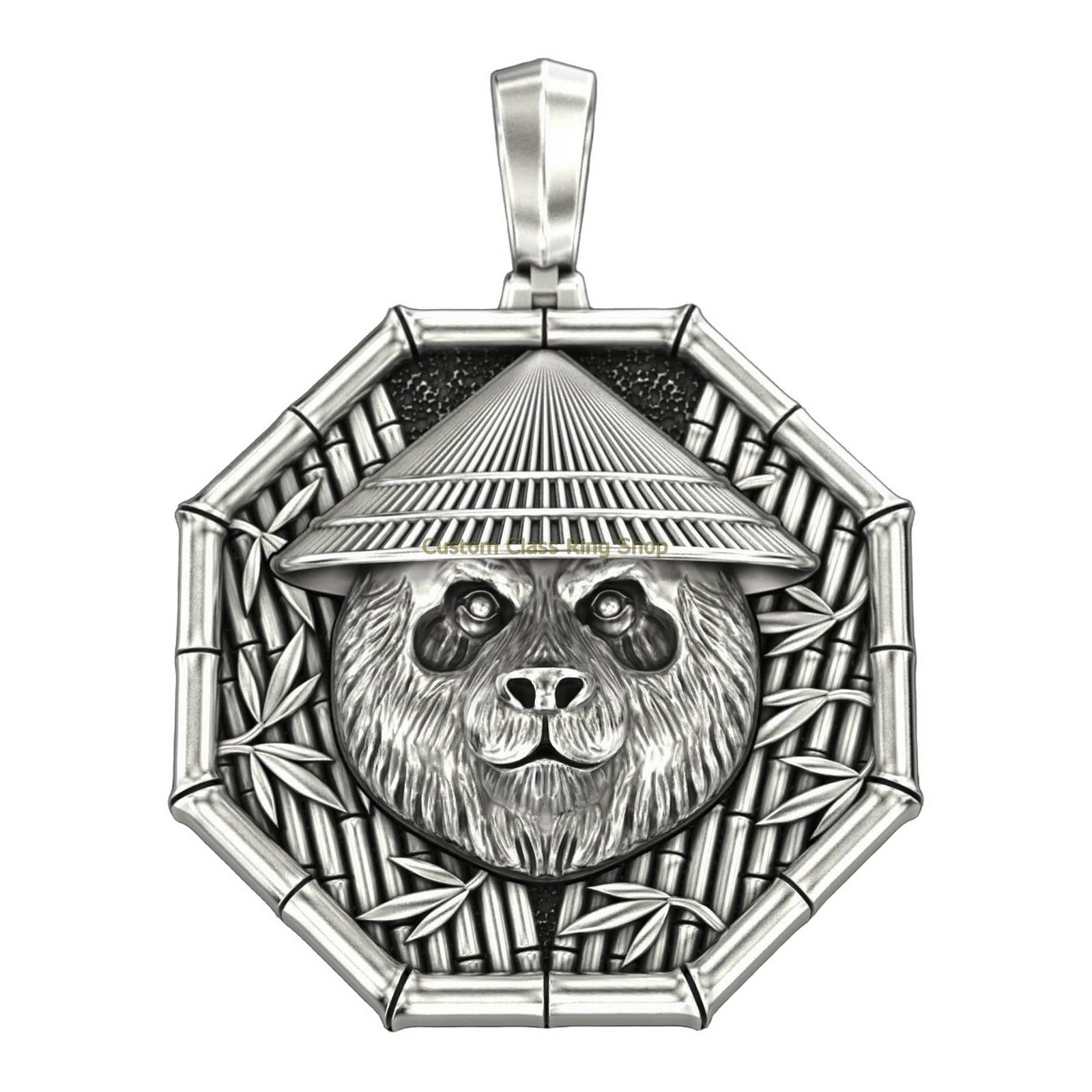 Sterling silver samurai panda pendant with geometric border