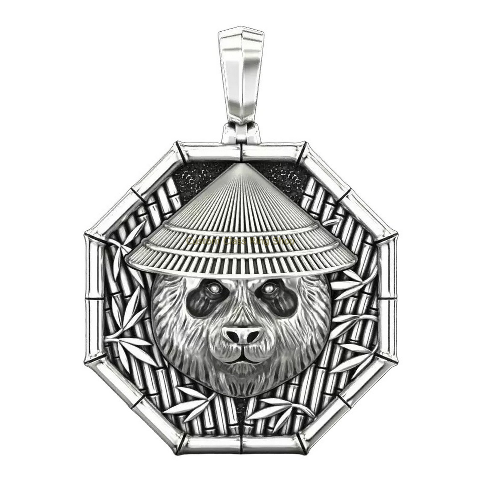Sterling silver samurai panda pendant, front view with outlined styling