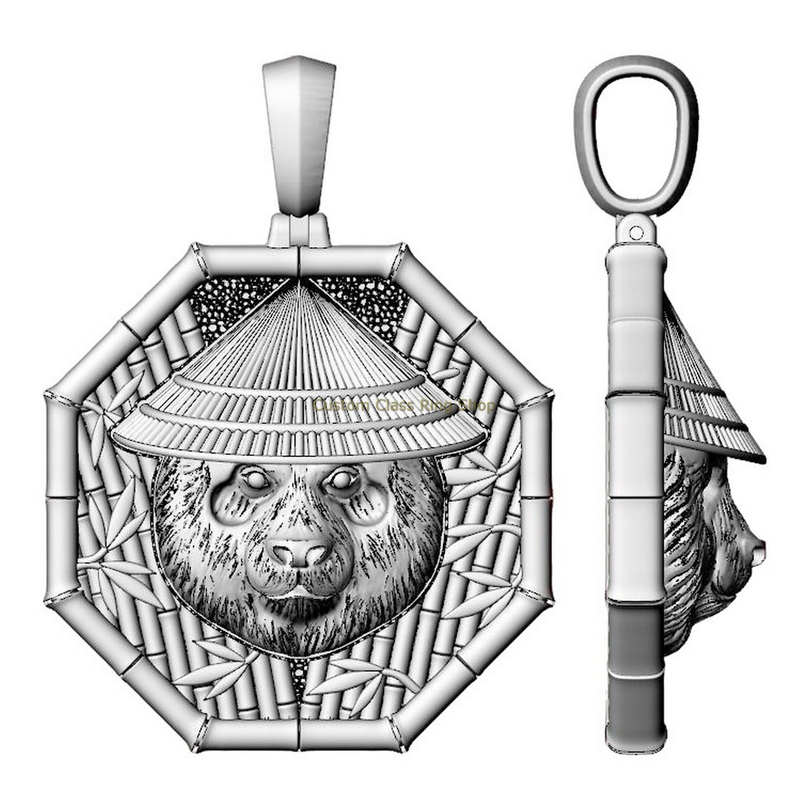 Sterling silver samurai panda pendant with geometric border