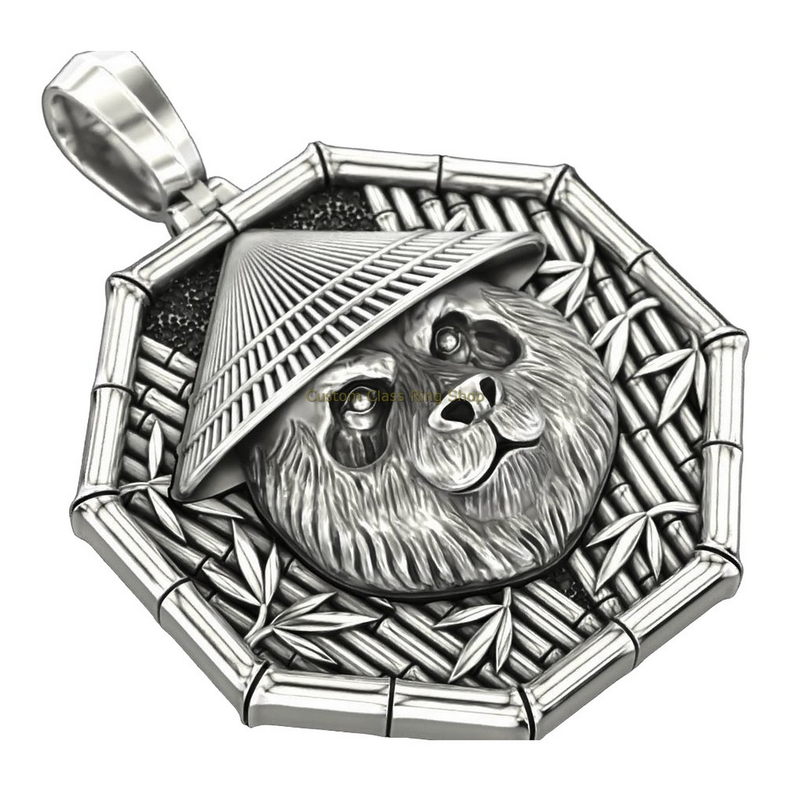 Sterling silver samurai panda pendant, three-quarter angled pendant view