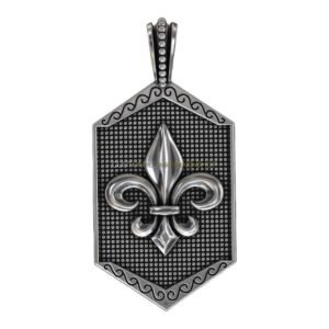 Sterling silver heraldic lily pendant with beaded frame and scrolled border