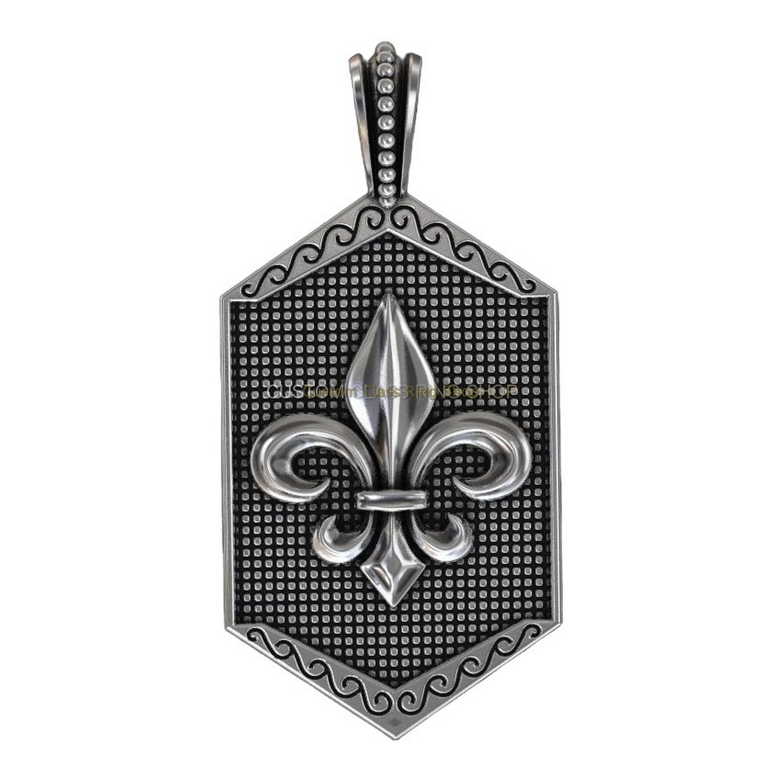 Sterling silver heraldic lily pendant with beaded frame and scrolled border