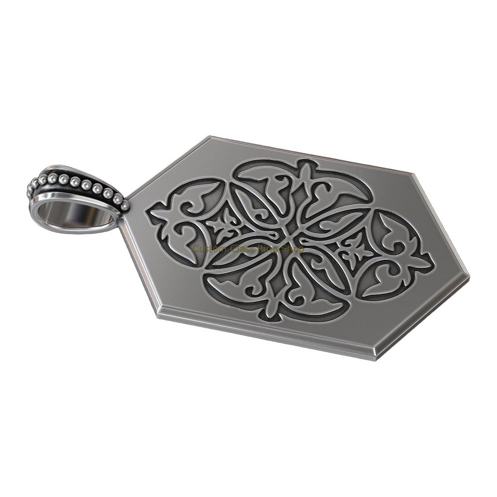 Sterling silver heraldic lily pendant, hexagonal frame with beaded border and ornament