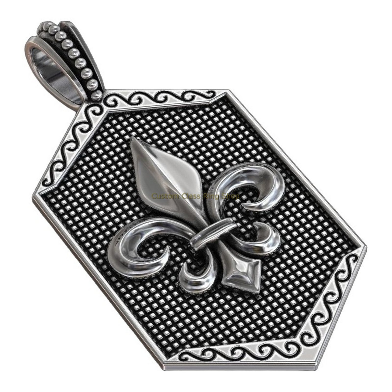 Sterling silver heraldic lily pendant, angled three-quarter view with relief detail