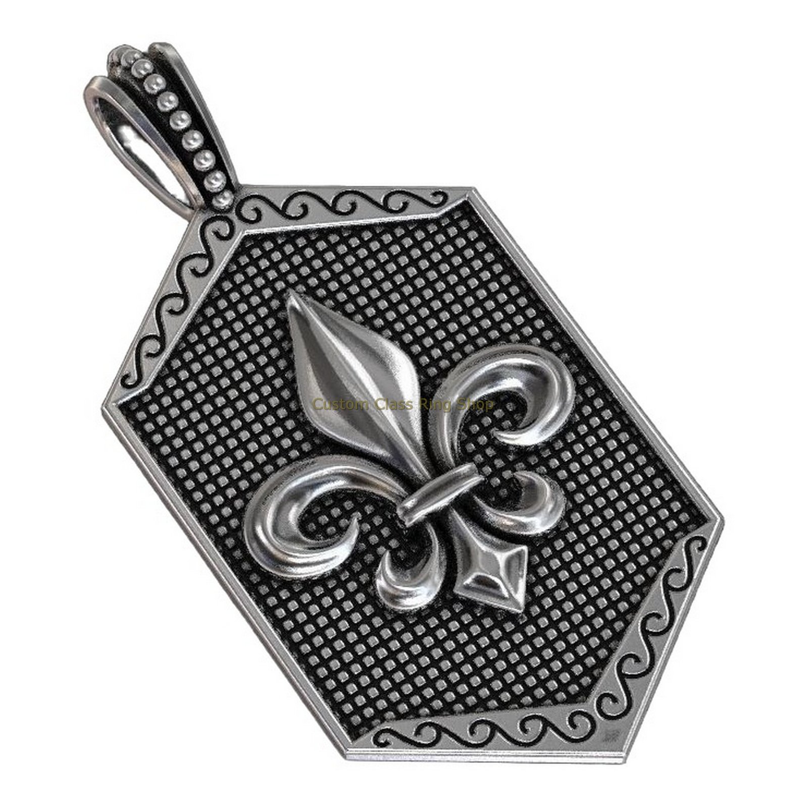 Sterling silver heraldic lily pendant, side profile showing dimensional scrollwork