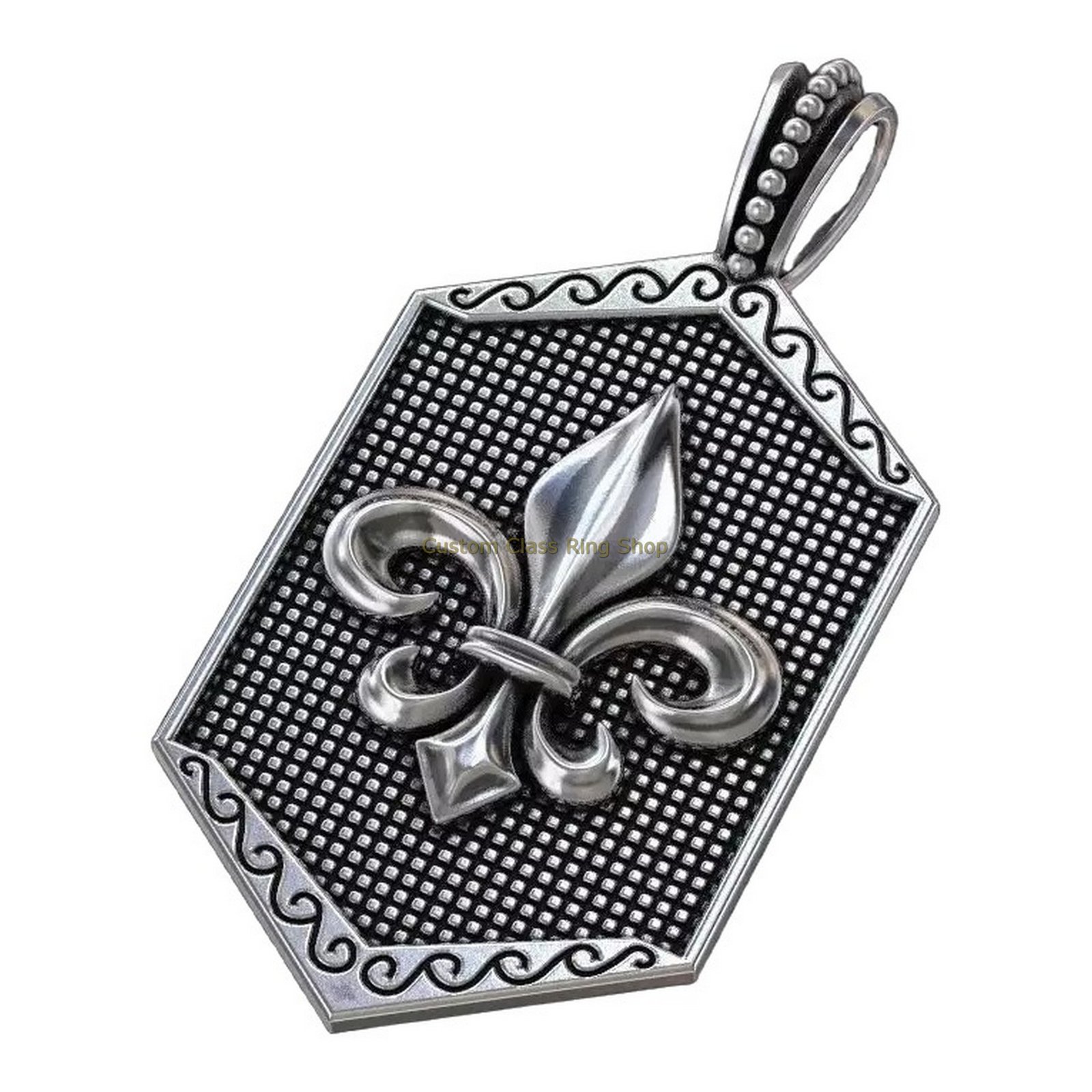 Sterling silver heraldic lily pendant, detailed shot of beaded frame and border