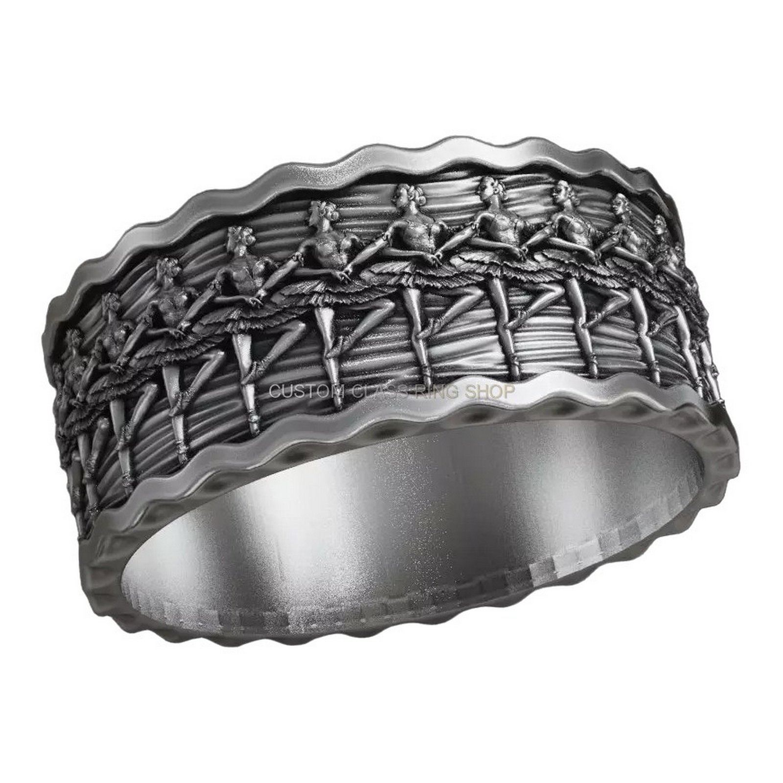 Sterling silver Swan Lake ballet relief ring with scalloped border
