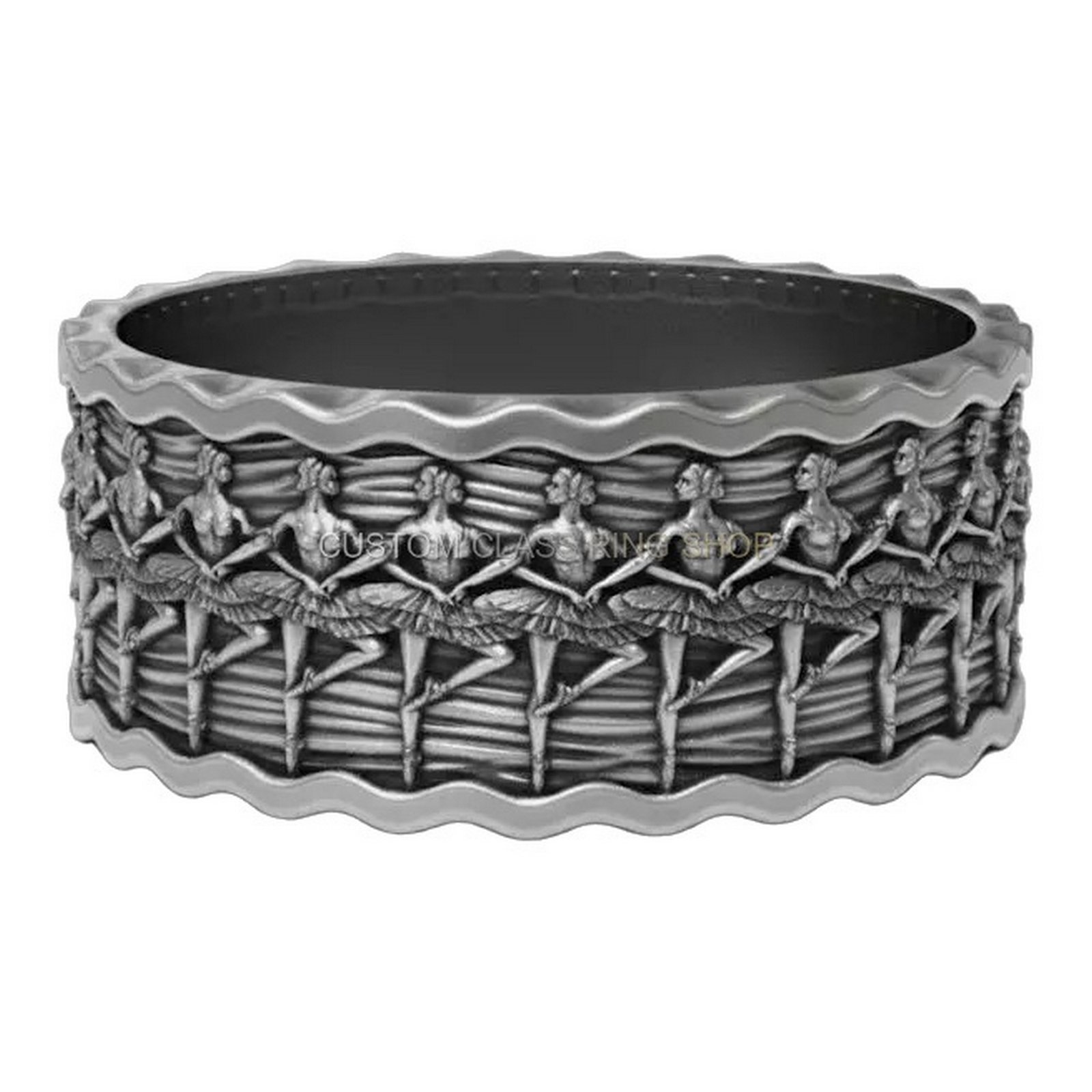 Sterling silver Swan Lake ballet relief ring, overhead view with scalloped border detail