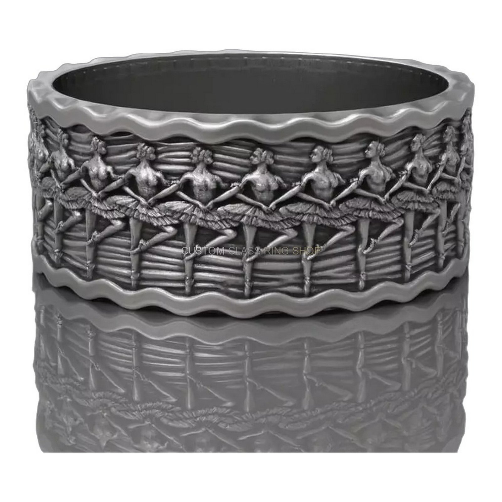 Sterling silver Swan Lake ballet relief ring, side profile showing band depth and texture