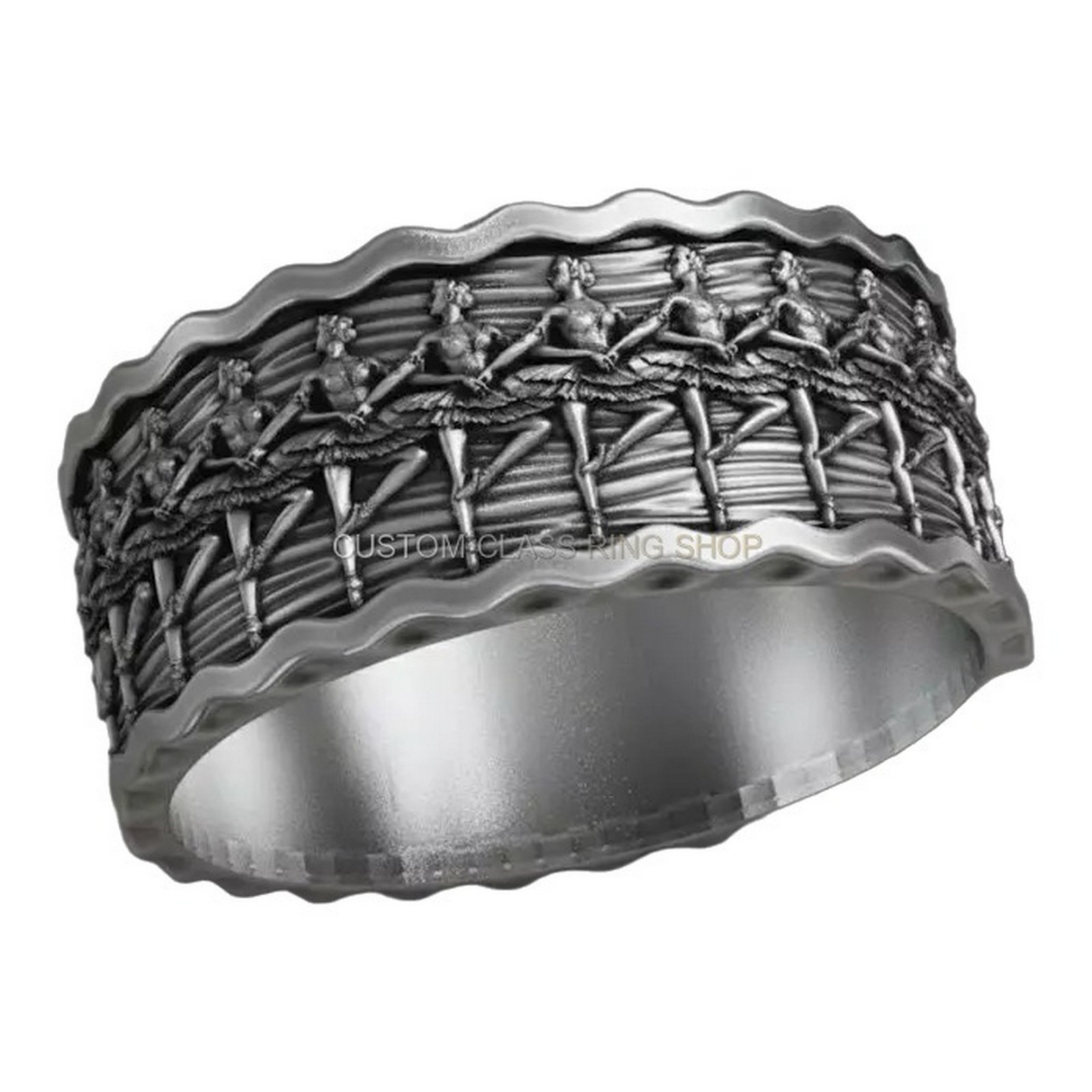 Sterling silver Swan Lake ballet relief ring with scalloped border