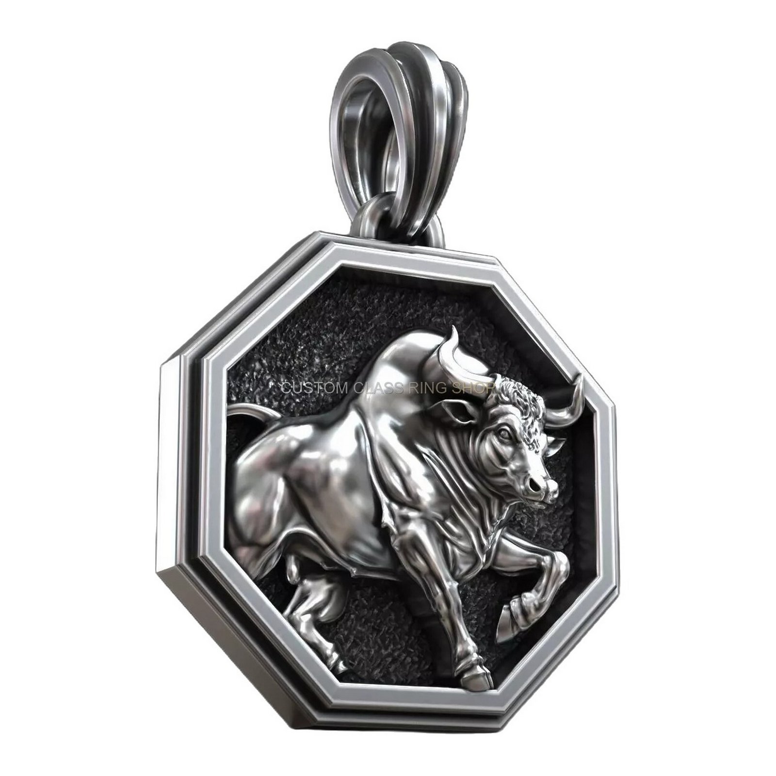 Taurus zodiac sterling silver bull pendant, silver octagonal pendant front head-on