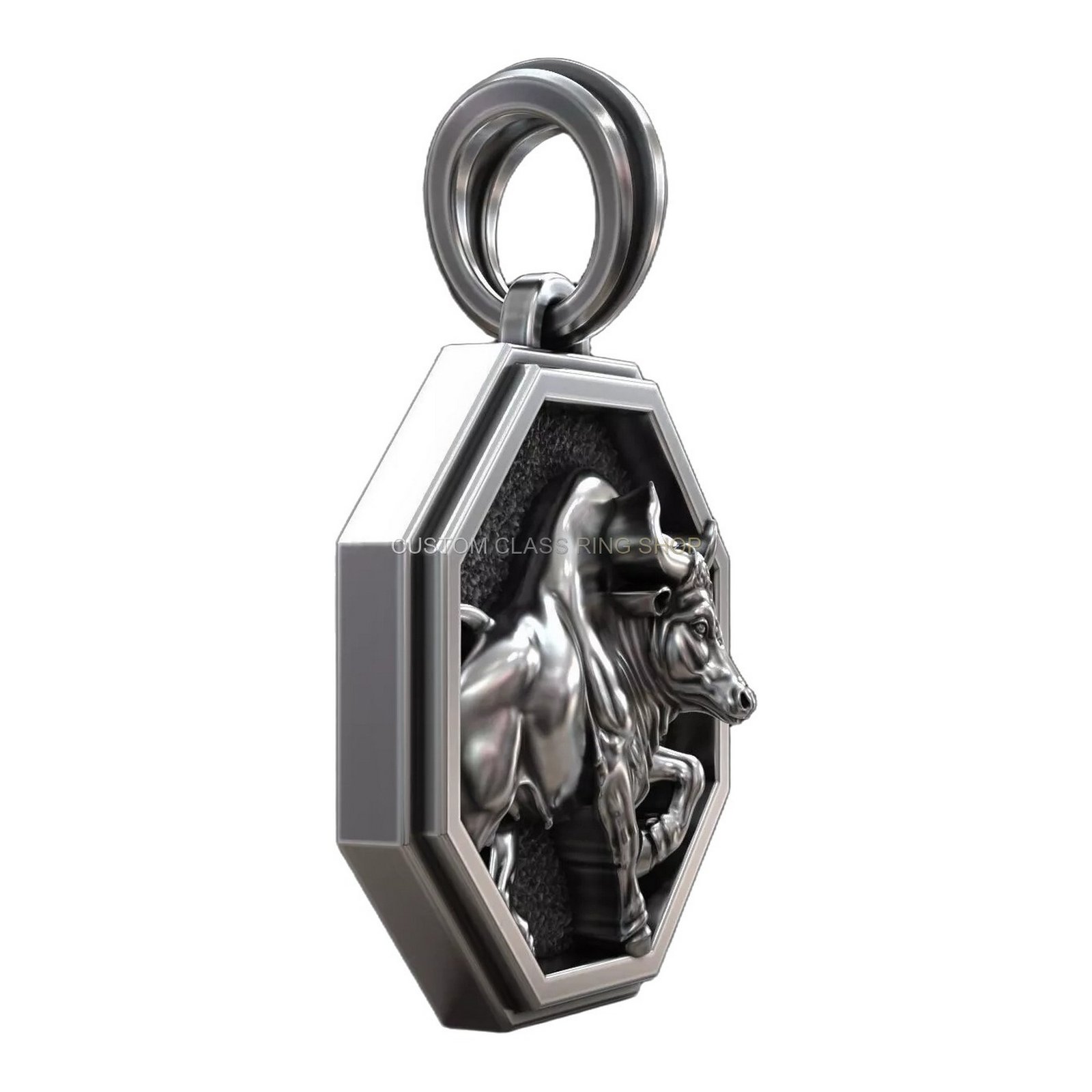 Taurus zodiac sterling silver bull pendant, silver pendant side profile view