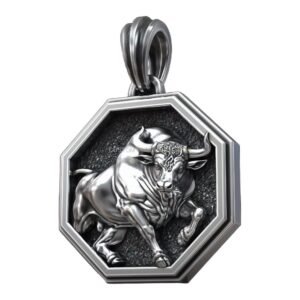 Taurus zodiac sterling silver bull pendant with octagonal frame