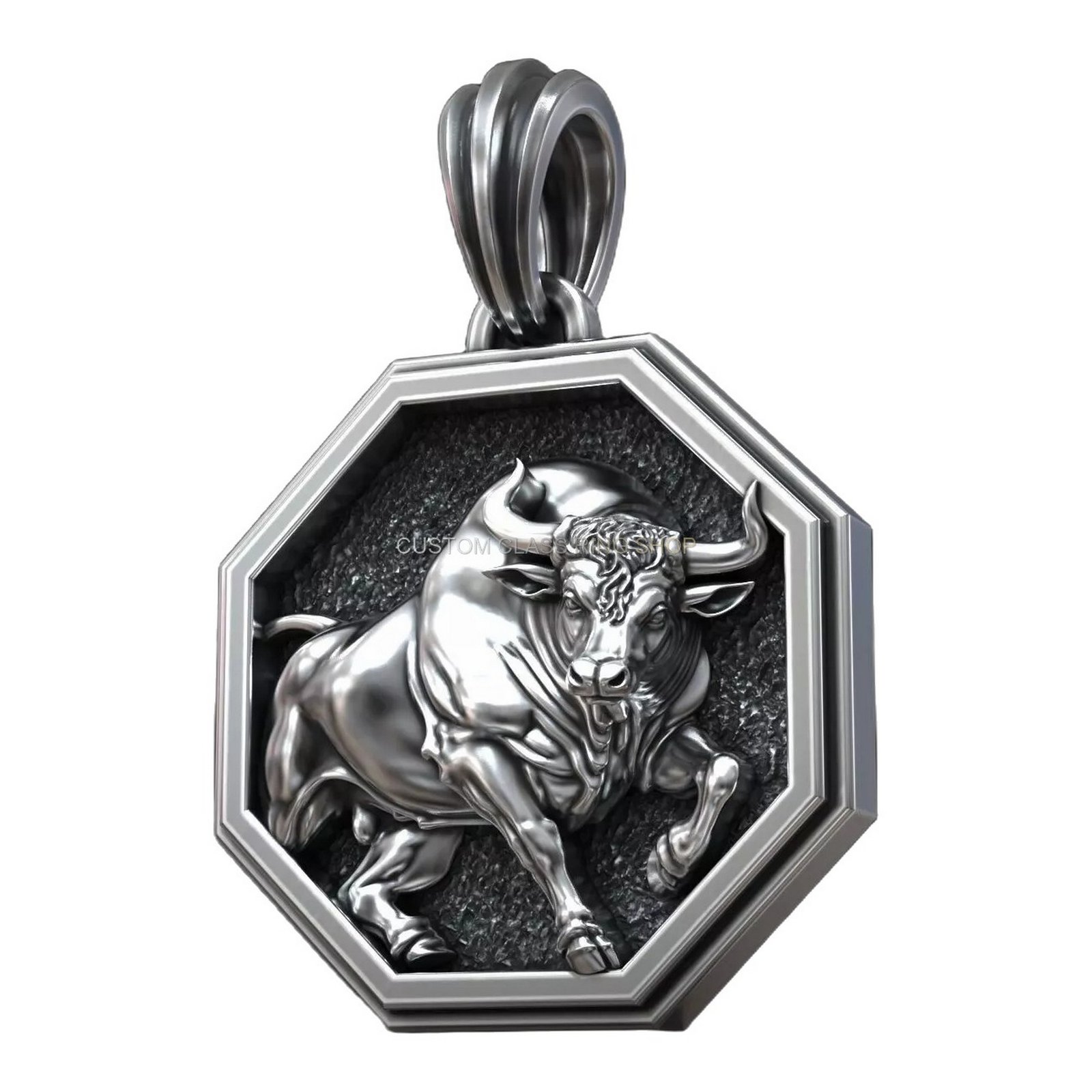 Taurus zodiac sterling silver bull pendant with octagonal frame