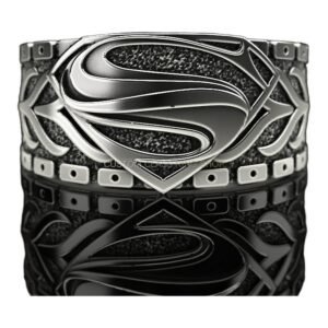 Sterling silver superman shield statement ring with studded border and chevron sides