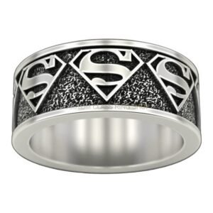 Sterling silver Superman shield statement ring with oxidized textured band